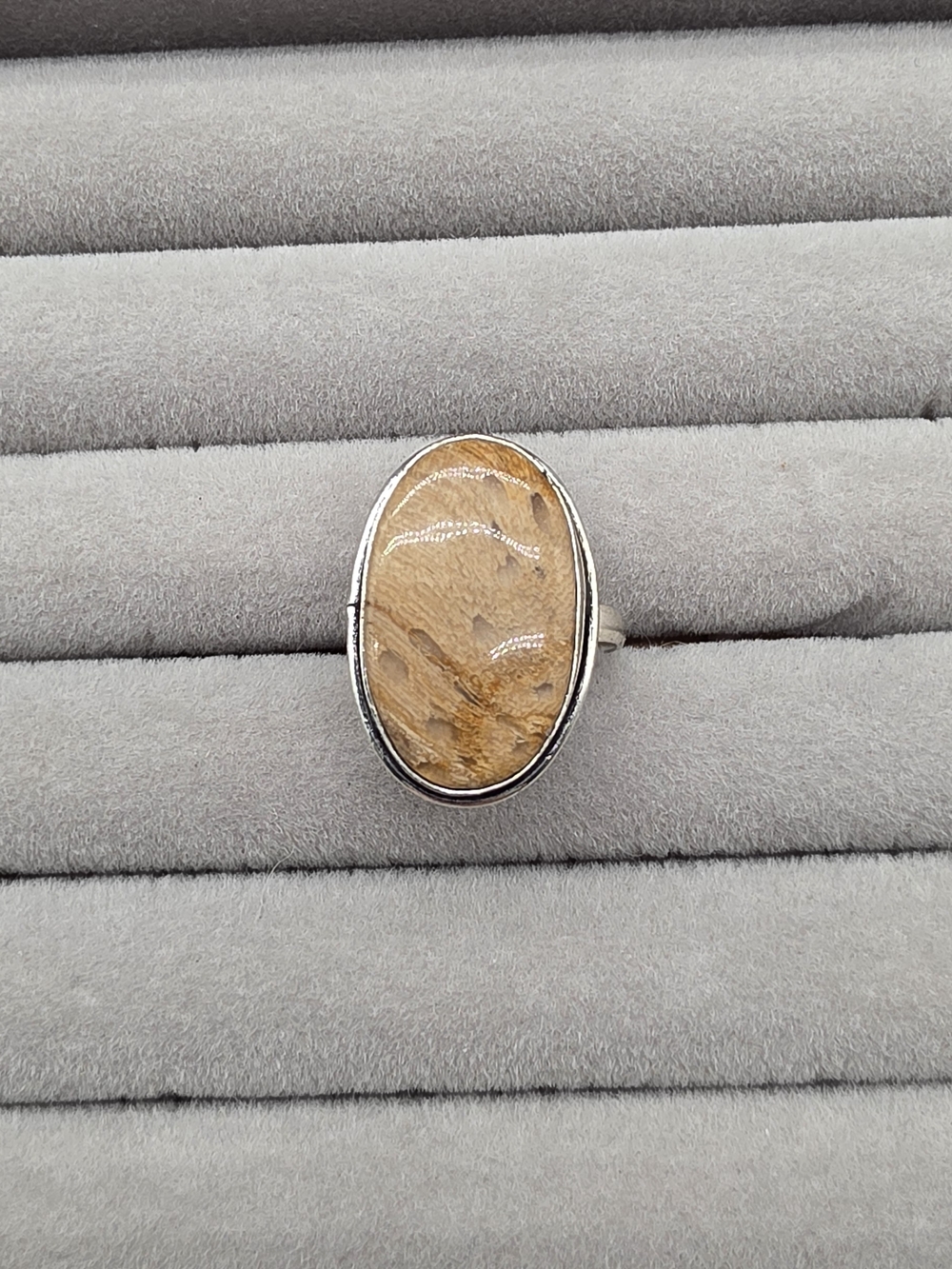 Silver Plated Beige Jasper Oval Statement Ring Size 10